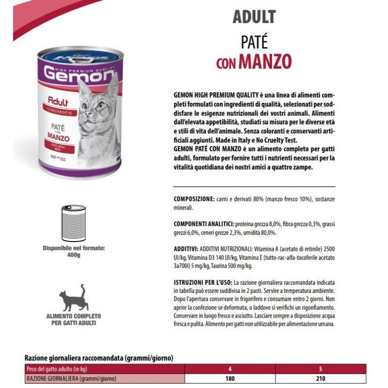 GEMON GATTO MANZO LATTINE PATE' 400GR