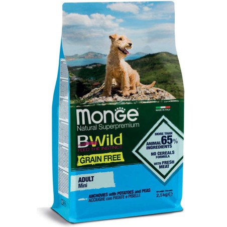 MONGE BWILD CROCCANTINI MINI GRAIN FREE ACCIUGHE PATATE E PISELLI 2,5KG