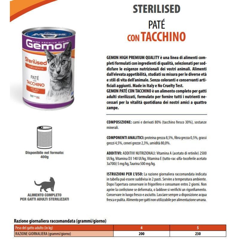 GEMON GATTO TACCHINO STERILIZZATO LATTINE PATE' 400GR