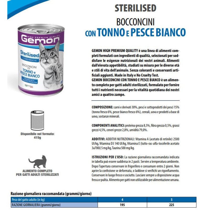 GEMON GATTO TONNO E PESCE BIANCO STERILIZZATO LATTINA BOCCONCINI 415GR