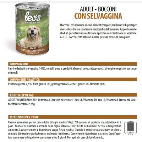 LEO'S SELVAGGINA LATTINE BOCCONI PER CANI 415GR