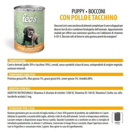 LEO'S POLLO E TACCHINO PUPPY LATTINE BOCCONI PER CUCCIOLI 415GR